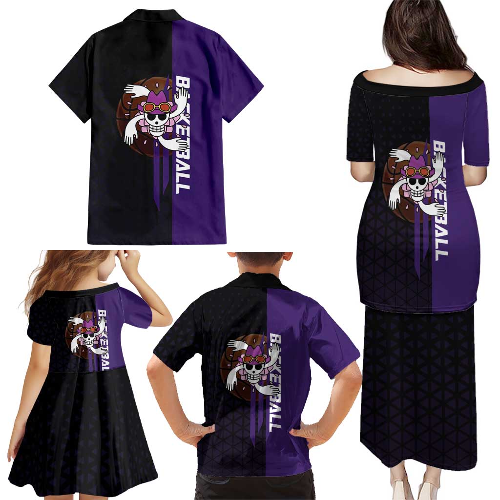 Nico Robin One Piece Basketball Theme Purple and Black Design Family Matching Puletasi and Hawaiian Shirt with Action Pose and Crew Emblem