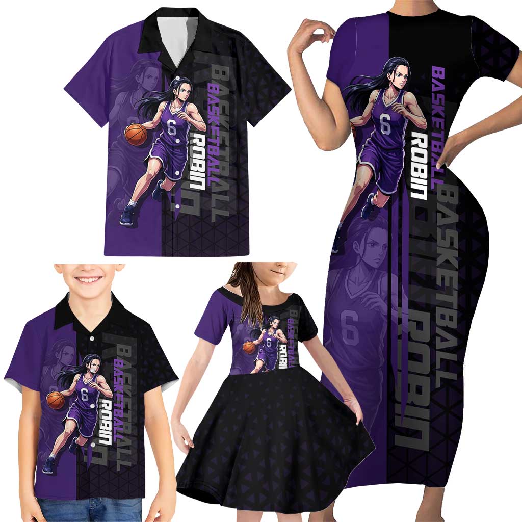Nico Robin One Piece Basketball Theme Purple and Black Design Family Matching Short Sleeve Bodycon Dress and Hawaiian Shirt with Action Pose and Crew Emblem