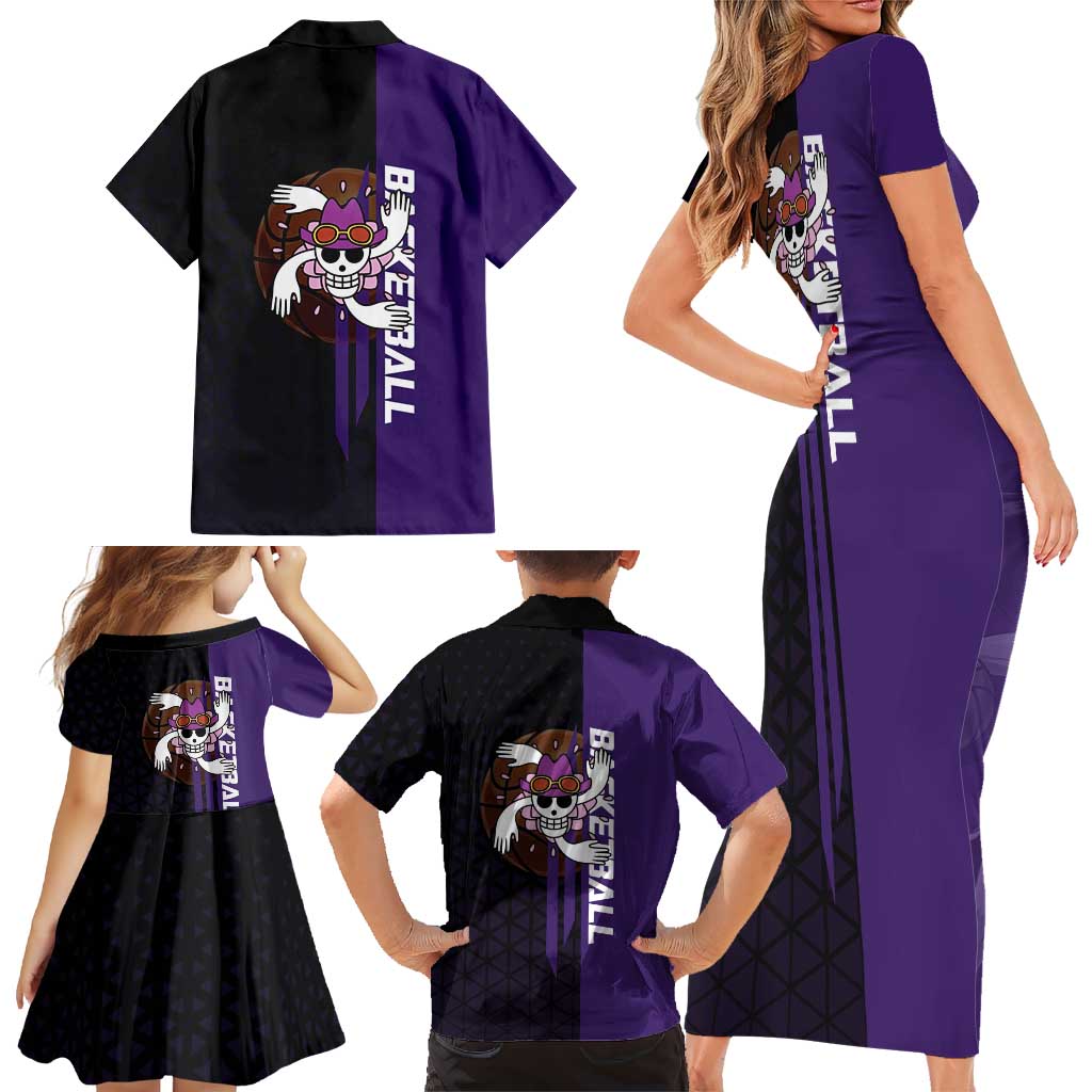 Nico Robin One Piece Basketball Theme Purple and Black Design Family Matching Short Sleeve Bodycon Dress and Hawaiian Shirt with Action Pose and Crew Emblem