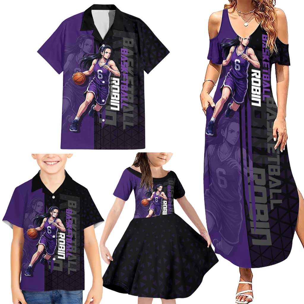 Nico Robin One Piece Basketball Theme Purple and Black Design Family Matching Summer Maxi Dress and Hawaiian Shirt with Action Pose and Crew Emblem