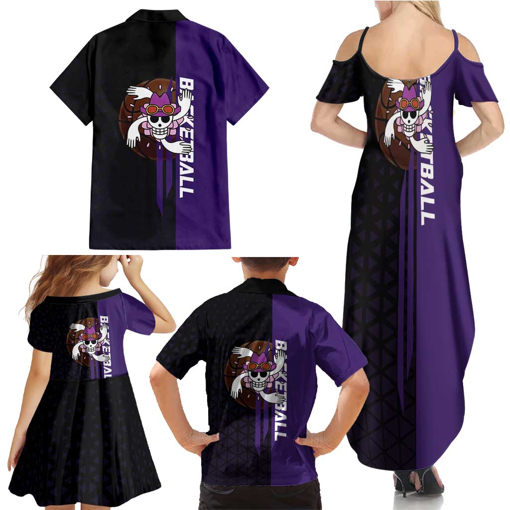 Nico Robin One Piece Basketball Theme Purple and Black Design Family Matching Summer Maxi Dress and Hawaiian Shirt with Action Pose and Crew Emblem