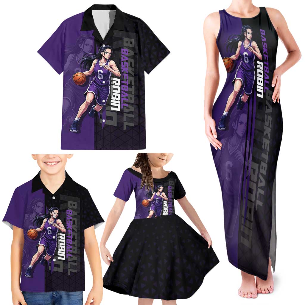 Nico Robin One Piece Basketball Theme Purple and Black Design Family Matching Tank Maxi Dress and Hawaiian Shirt with Action Pose and Crew Emblem