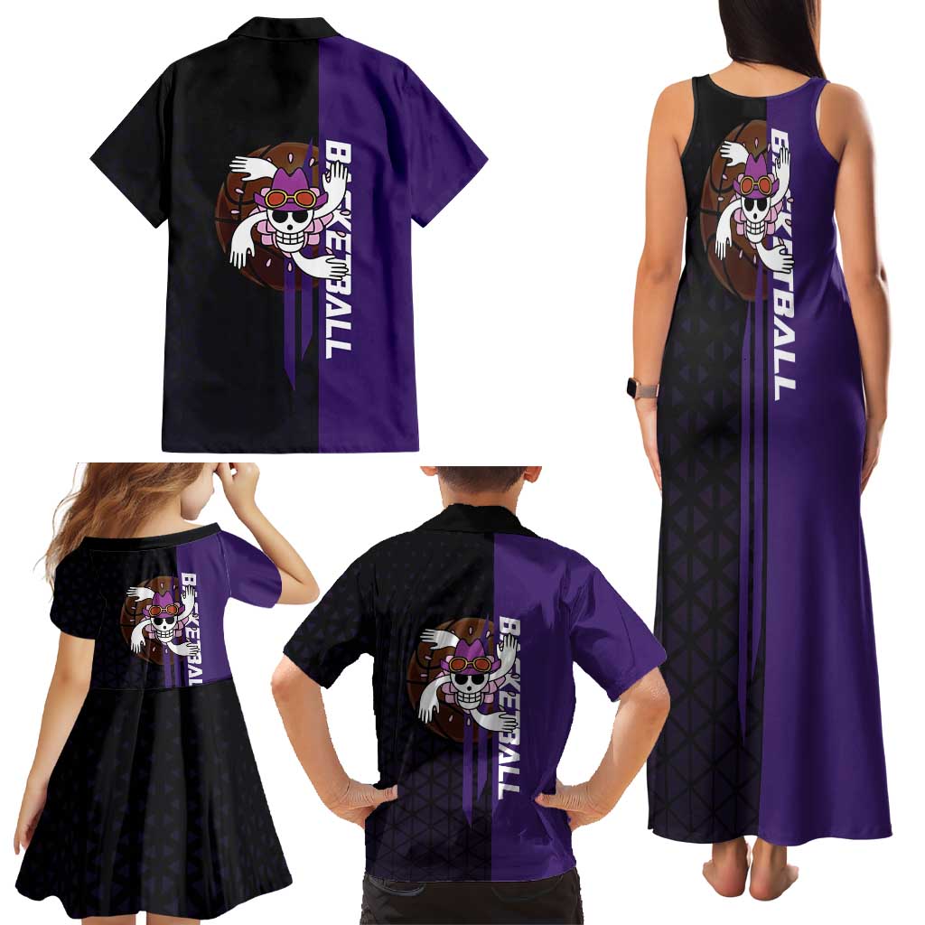 Nico Robin One Piece Basketball Theme Purple and Black Design Family Matching Tank Maxi Dress and Hawaiian Shirt with Action Pose and Crew Emblem