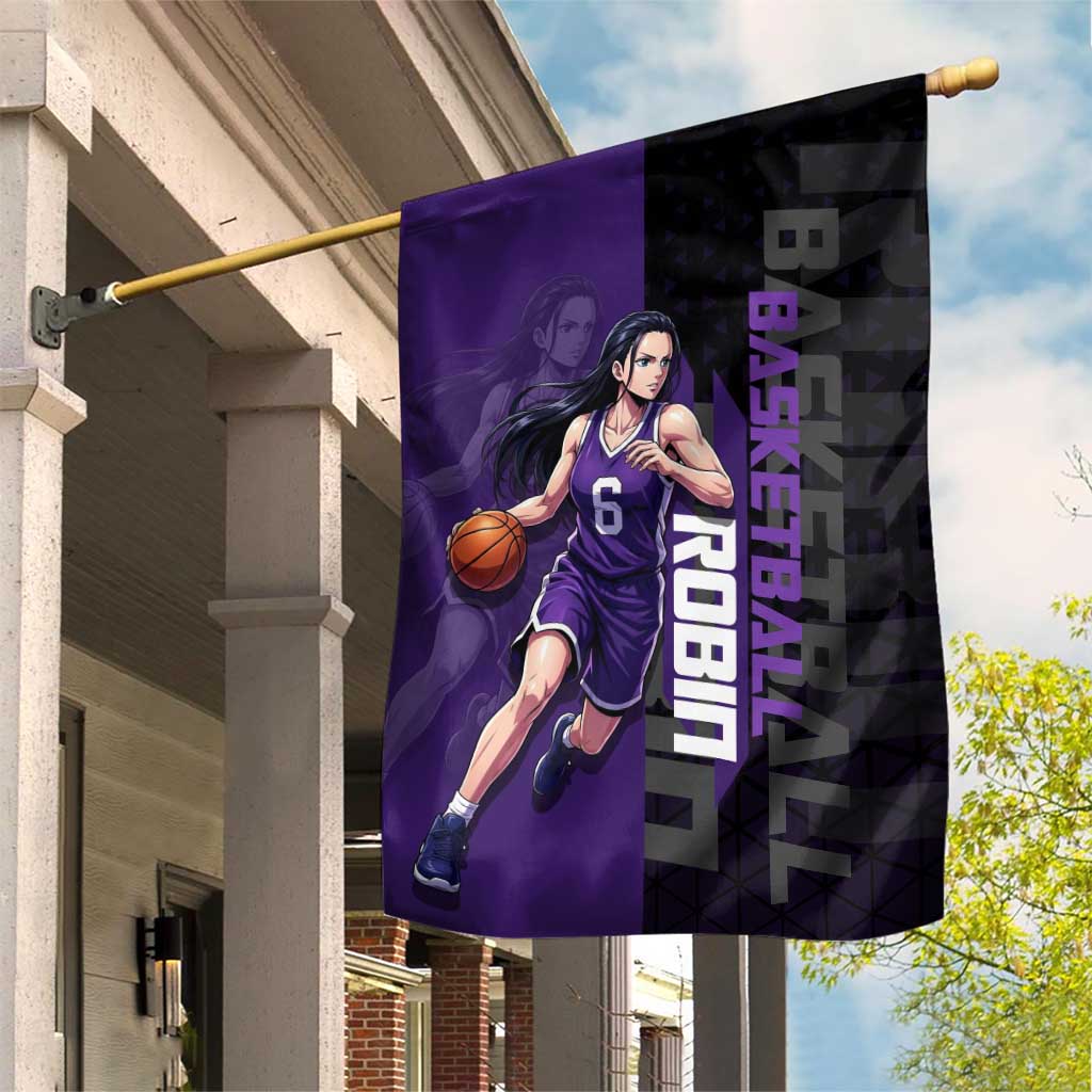 Nico Robin One Piece Basketball Theme Purple and Black Design Garden Flag with Action Pose and Crew Emblem - The Mazicc