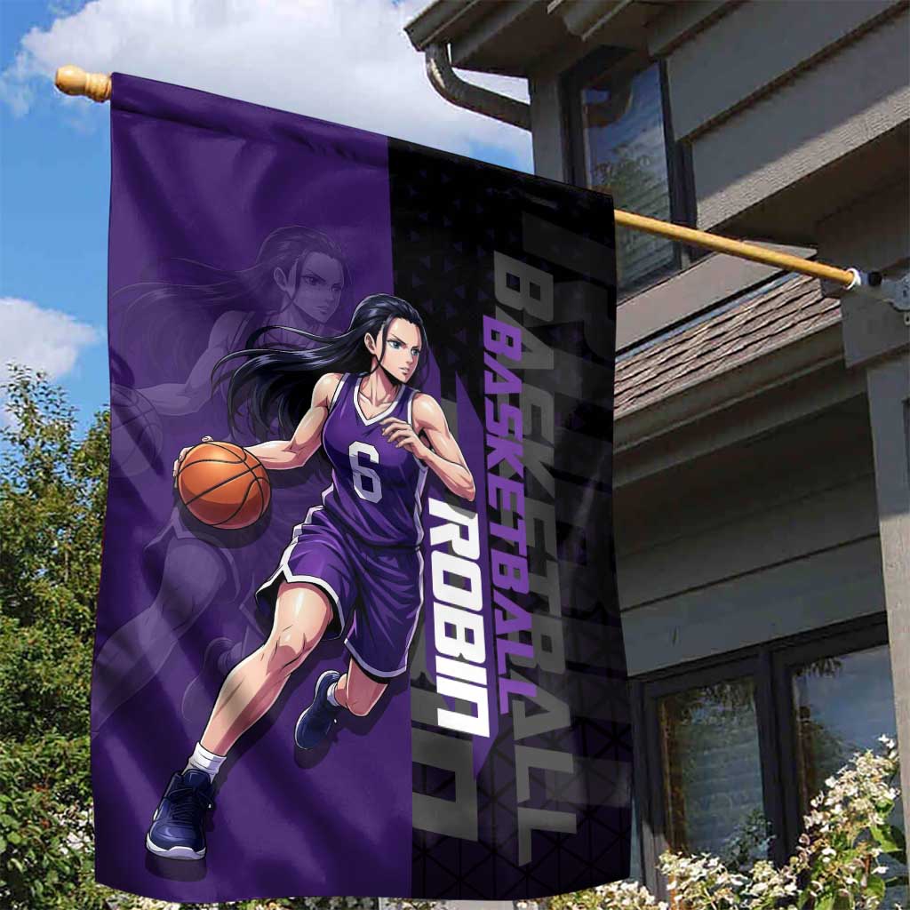 Nico Robin One Piece Basketball Theme Purple and Black Design Garden Flag with Action Pose and Crew Emblem - The Mazicc