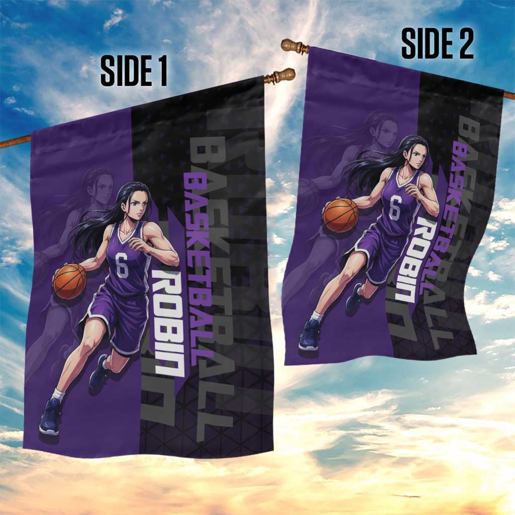 Nico Robin One Piece Basketball Theme Purple and Black Design Garden Flag with Action Pose and Crew Emblem - The Mazicc