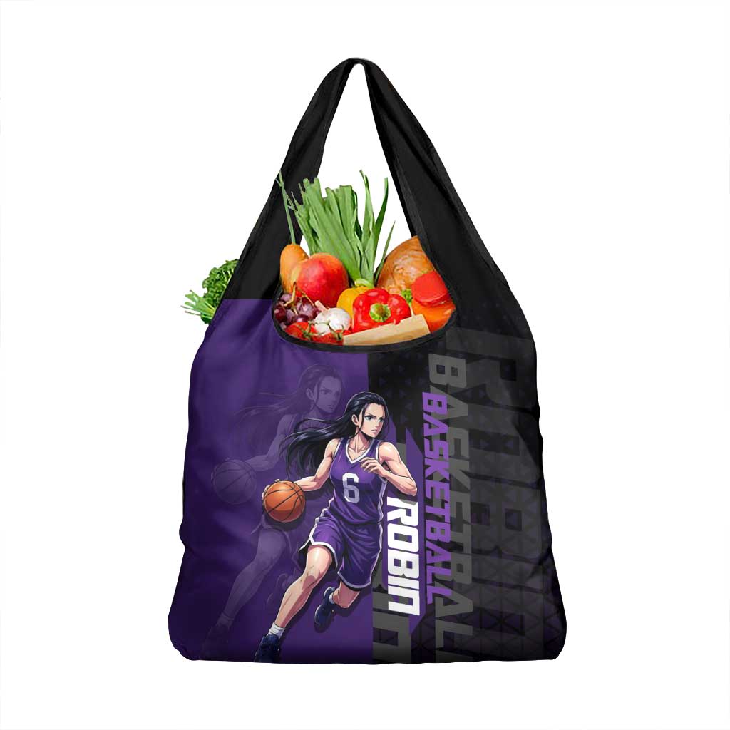 Nico Robin One Piece Basketball Theme Purple and Black Design Grocery Bag with Action Pose and Crew Emblem - The Mazicc