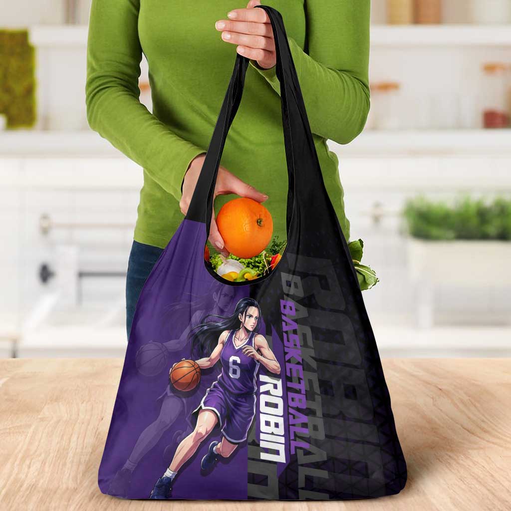 Nico Robin One Piece Basketball Theme Purple and Black Design Grocery Bag with Action Pose and Crew Emblem - The Mazicc