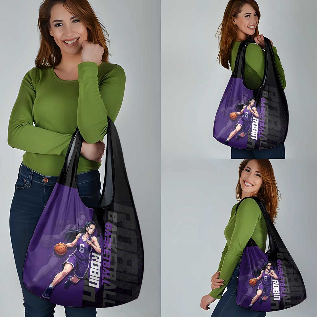 Nico Robin One Piece Basketball Theme Purple and Black Design Grocery Bag with Action Pose and Crew Emblem - The Mazicc