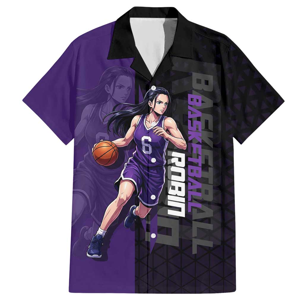 Nico Robin One Piece Basketball Theme Purple and Black Design Hawaiian Shirt with Action Pose and Crew Emblem - The Mazicc
