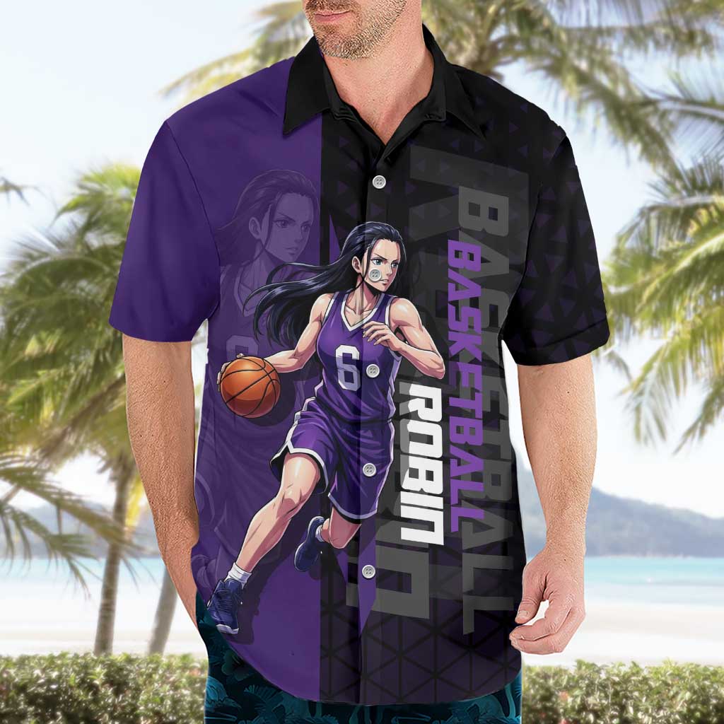 Nico Robin One Piece Basketball Theme Purple and Black Design Hawaiian Shirt with Action Pose and Crew Emblem - The Mazicc