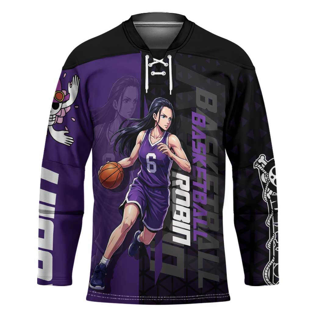 Nico Robin One Piece Basketball Theme Purple and Black Design Hockey Jersey with Action Pose and Crew Emblem - The Mazicc