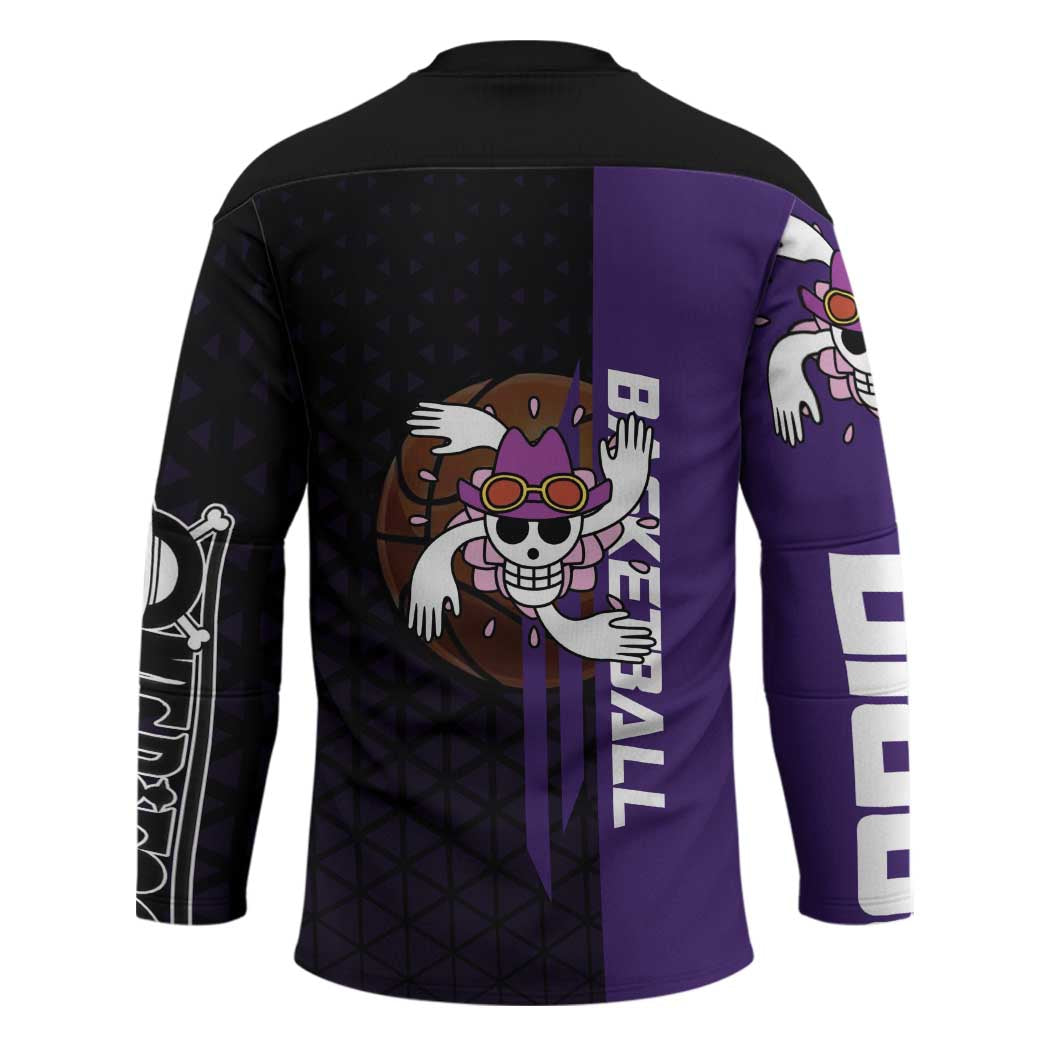 Nico Robin One Piece Basketball Theme Purple and Black Design Hockey Jersey with Action Pose and Crew Emblem - The Mazicc