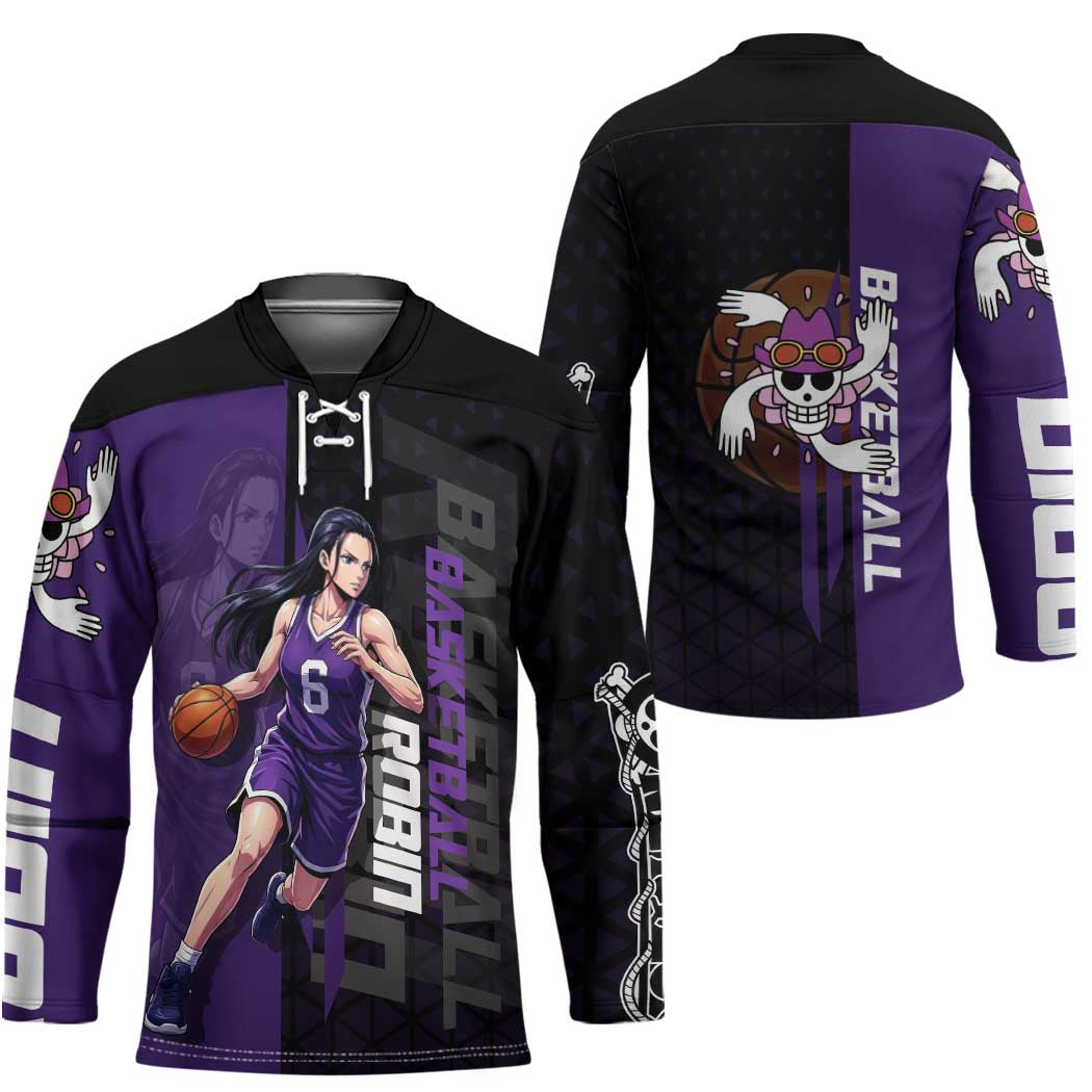 Nico Robin One Piece Basketball Theme Purple and Black Design Hockey Jersey with Action Pose and Crew Emblem - The Mazicc