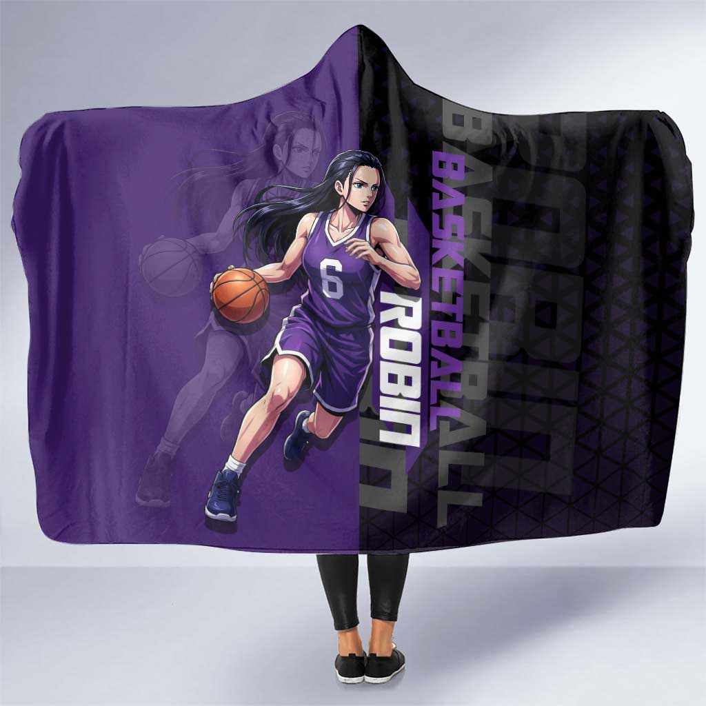 Nico Robin One Piece Basketball Theme Purple and Black Design Hooded Blanket with Action Pose and Crew Emblem - The Mazicc
