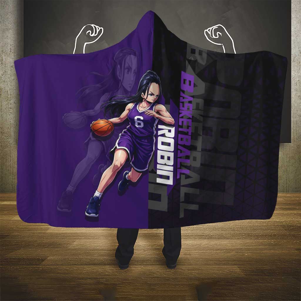 Nico Robin One Piece Basketball Theme Purple and Black Design Hooded Blanket with Action Pose and Crew Emblem - The Mazicc
