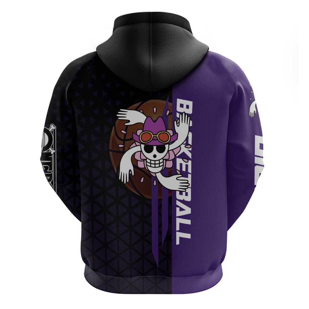 Nico Robin One Piece Basketball Theme Purple and Black Design Hoodie with Action Pose and Crew Emblem - The Mazicc