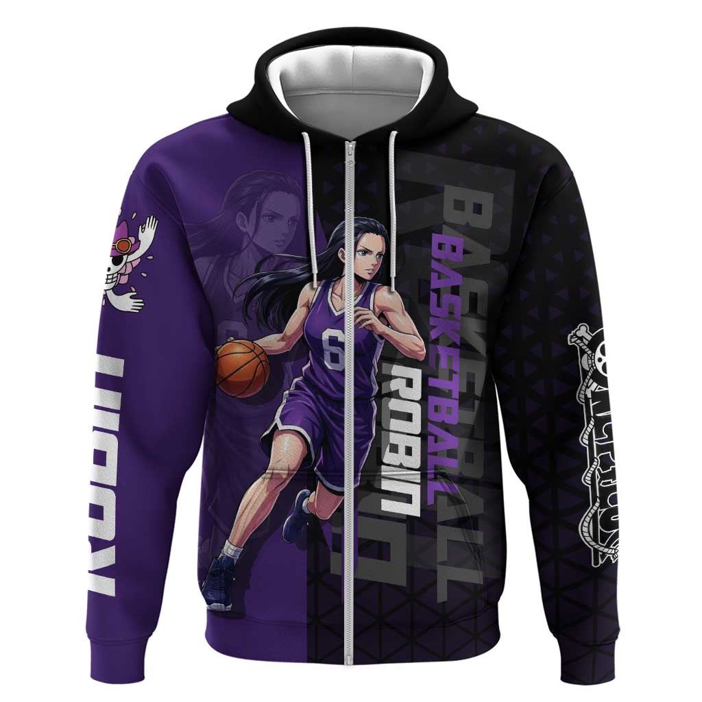 Nico Robin One Piece Basketball Theme Purple and Black Design Hoodie with Action Pose and Crew Emblem - The Mazicc