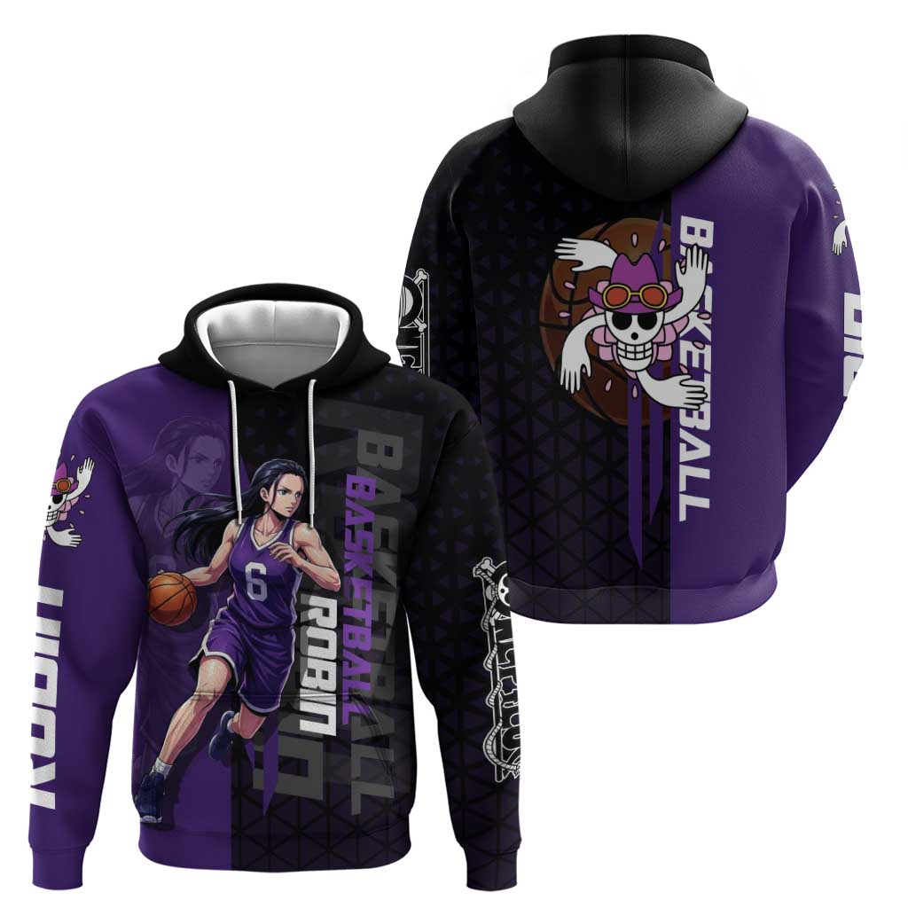 Nico Robin One Piece Basketball Theme Purple and Black Design Hoodie with Action Pose and Crew Emblem - The Mazicc
