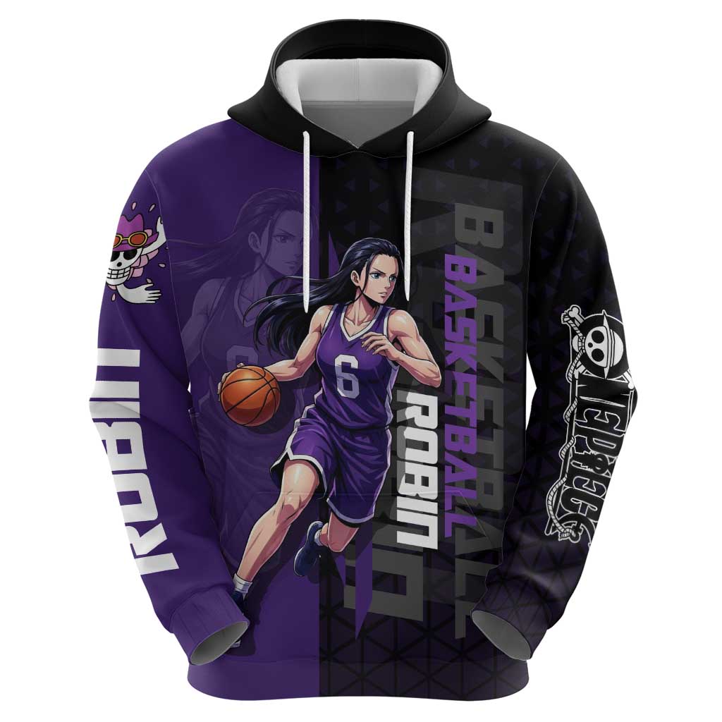 Nico Robin One Piece Basketball Theme Purple and Black Design Hoodie with Action Pose and Crew Emblem - The Mazicc