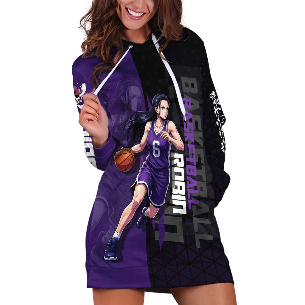 Nico Robin One Piece Basketball Theme Purple and Black Design Hoodie Dress with Action Pose and Crew Emblem - The Mazicc