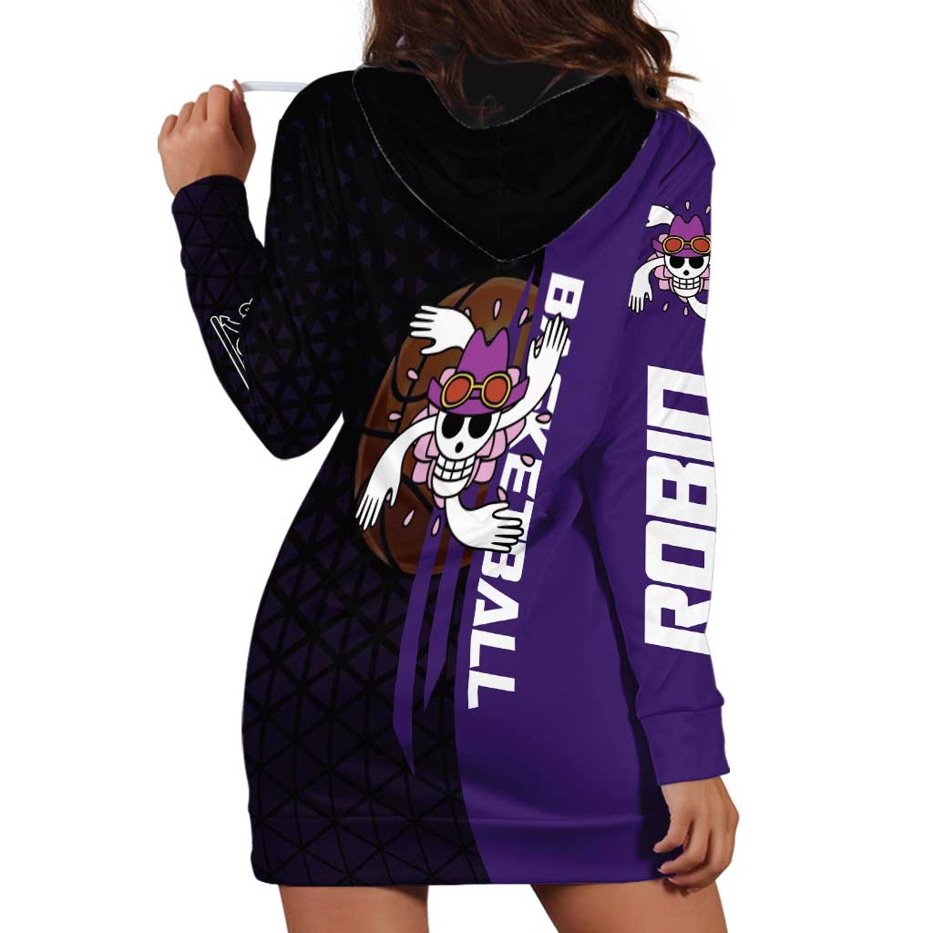 Nico Robin One Piece Basketball Theme Purple and Black Design Hoodie Dress with Action Pose and Crew Emblem - The Mazicc