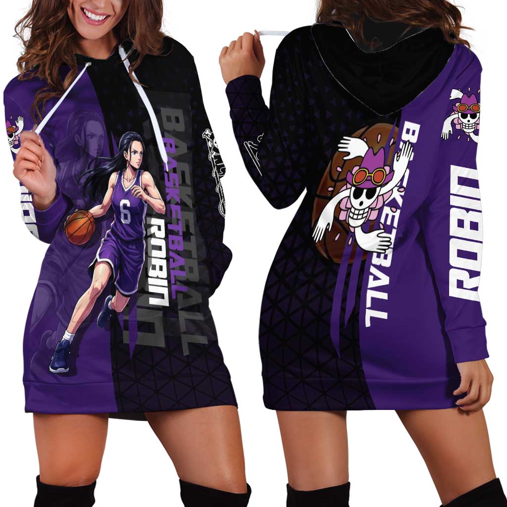 Nico Robin One Piece Basketball Theme Purple and Black Design Hoodie Dress with Action Pose and Crew Emblem - The Mazicc