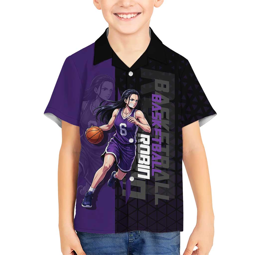 Nico Robin One Piece Basketball Theme Purple and Black Design Kid Hawaiian Shirt with Action Pose and Crew Emblem - The Mazicc