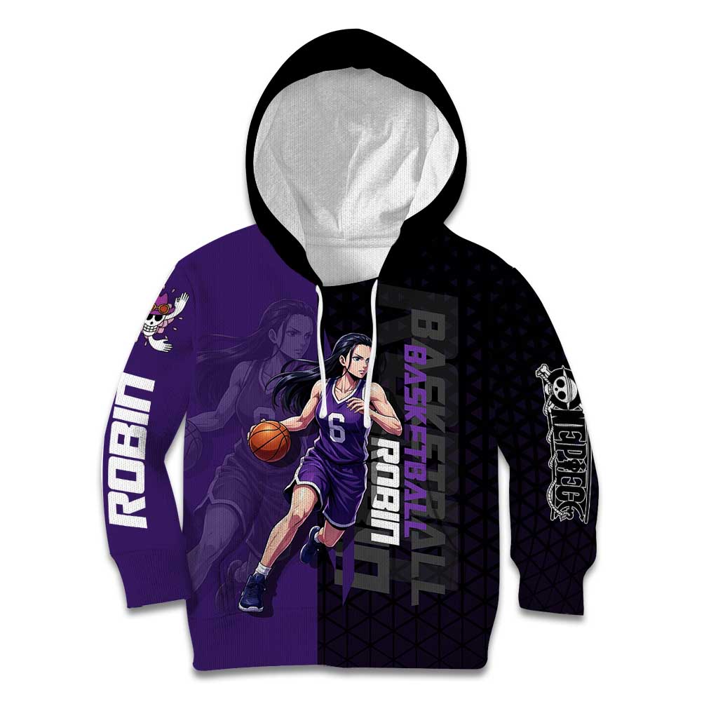 Nico Robin One Piece Basketball Theme Purple and Black Design Kid Hoodie with Action Pose and Crew Emblem - The Mazicc
