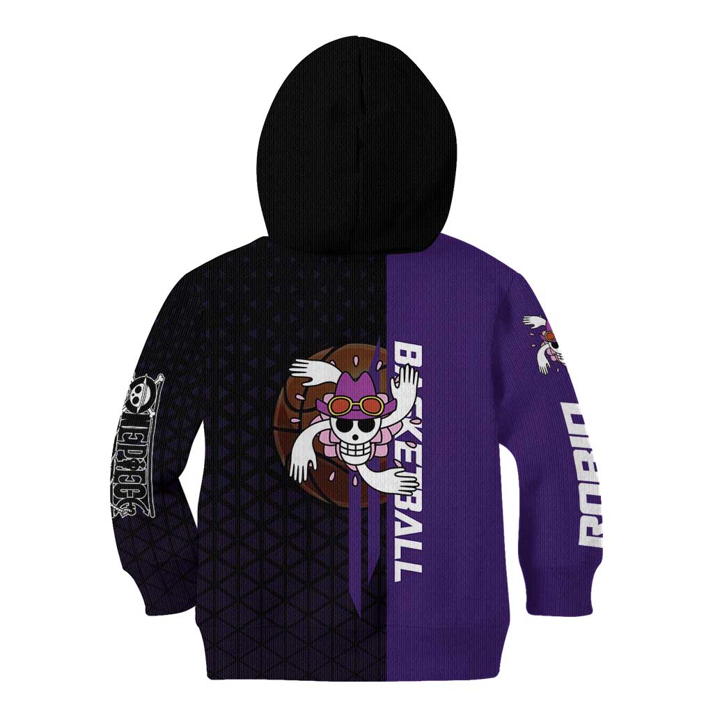 Nico Robin One Piece Basketball Theme Purple and Black Design Kid Hoodie with Action Pose and Crew Emblem - The Mazicc