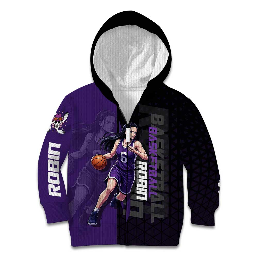 Nico Robin One Piece Basketball Theme Purple and Black Design Kid Hoodie with Action Pose and Crew Emblem - The Mazicc