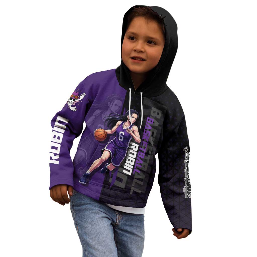 Nico Robin One Piece Basketball Theme Purple and Black Design Kid Hoodie with Action Pose and Crew Emblem - The Mazicc