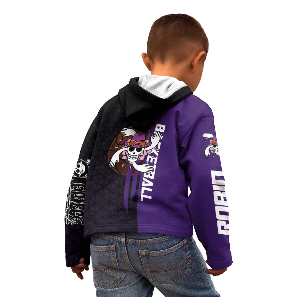 Nico Robin One Piece Basketball Theme Purple and Black Design Kid Hoodie with Action Pose and Crew Emblem - The Mazicc