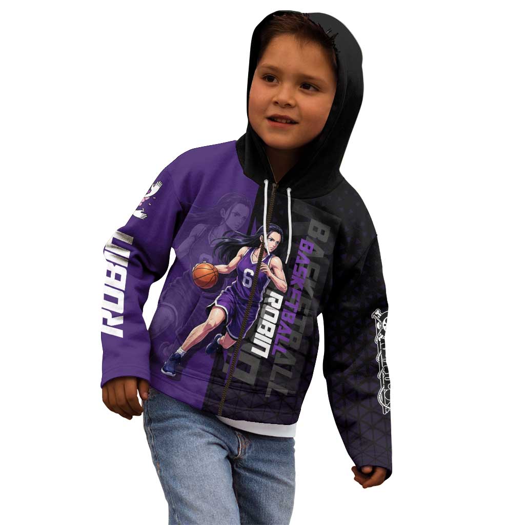 Nico Robin One Piece Basketball Theme Purple and Black Design Kid Hoodie with Action Pose and Crew Emblem - The Mazicc