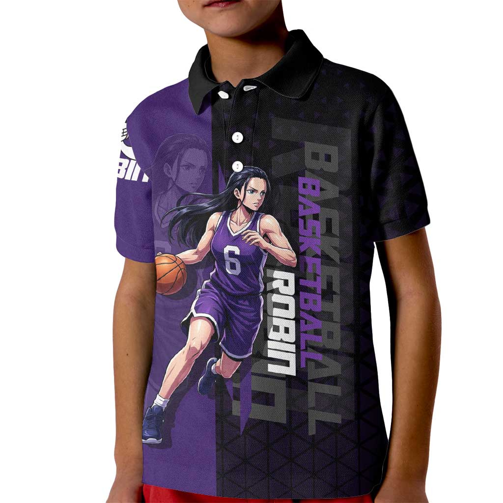 Nico Robin One Piece Basketball Theme Purple and Black Design Kid Polo Shirt with Action Pose and Crew Emblem - The Mazicc