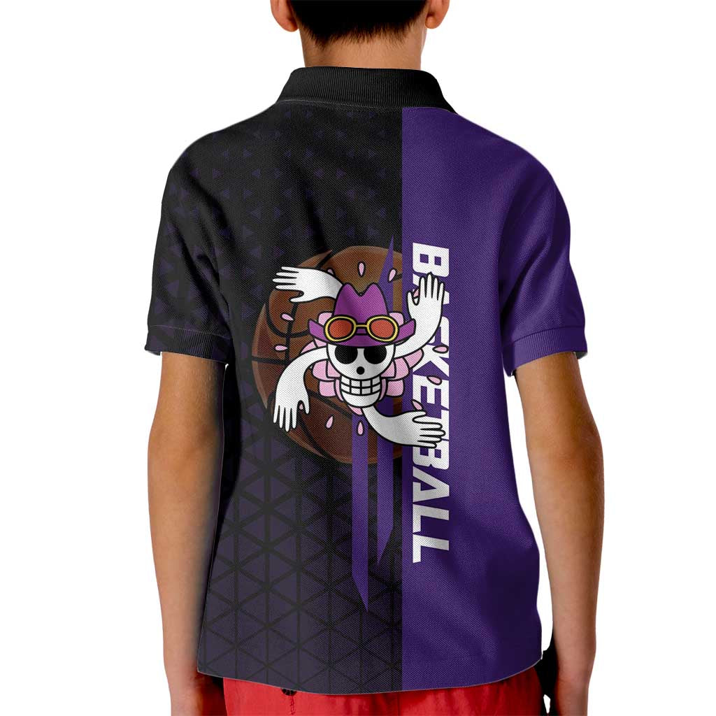 Nico Robin One Piece Basketball Theme Purple and Black Design Kid Polo Shirt with Action Pose and Crew Emblem - The Mazicc