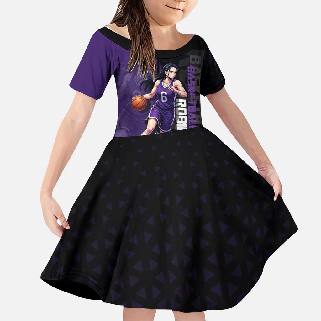 Nico Robin One Piece Basketball Theme Purple and Black Design Kid Short Sleeve Dress with Action Pose and Crew Emblem - The Mazicc