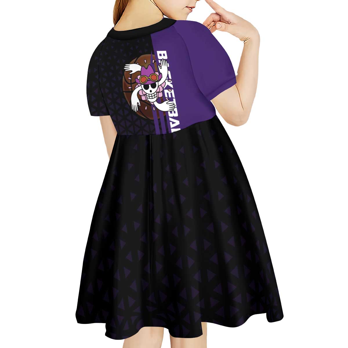 Nico Robin One Piece Basketball Theme Purple and Black Design Kid Short Sleeve Dress with Action Pose and Crew Emblem - The Mazicc