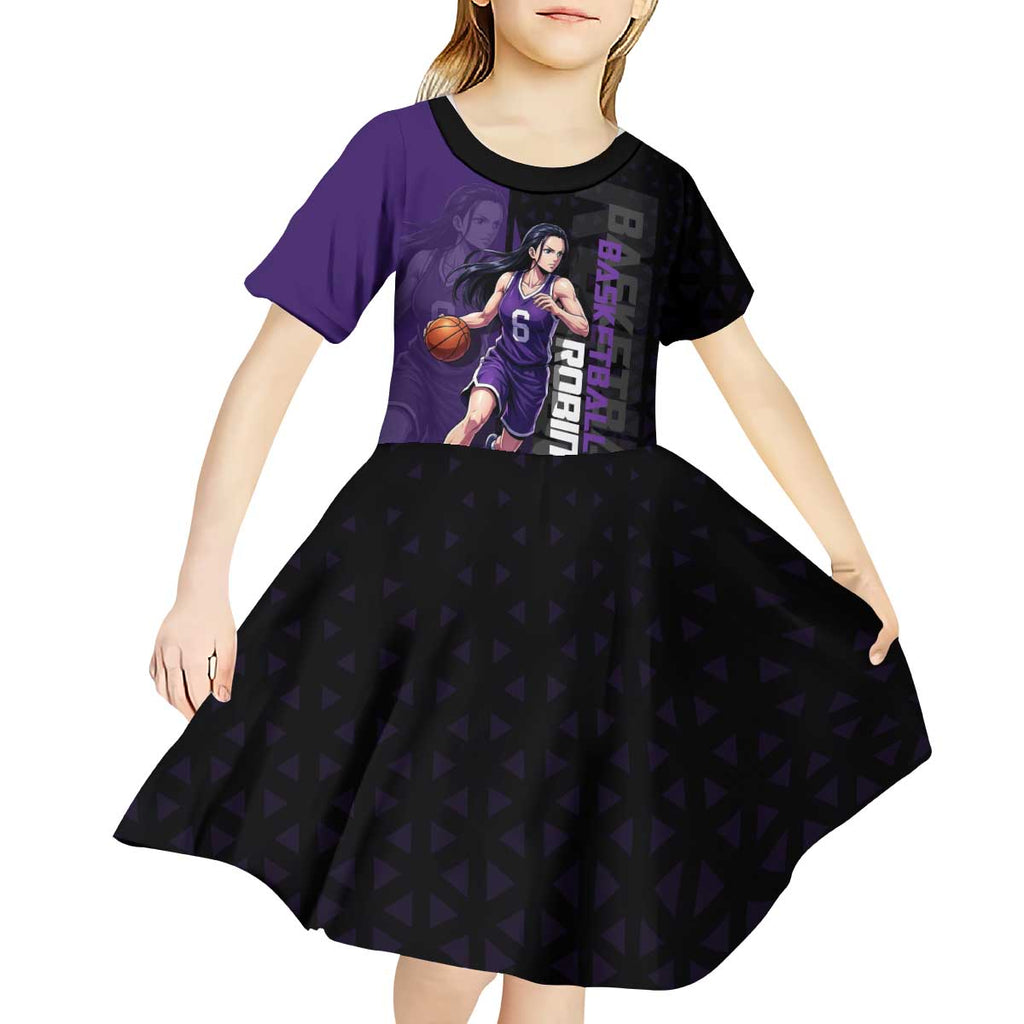 Nico Robin One Piece Basketball Theme Purple and Black Design Kid Short Sleeve Dress with Action Pose and Crew Emblem - The Mazicc