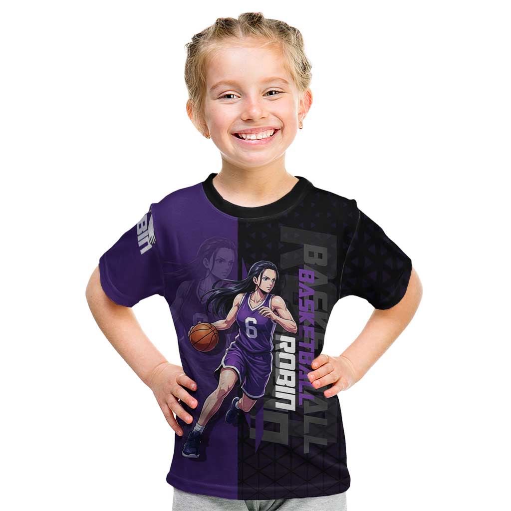 Nico Robin One Piece Basketball Theme Purple and Black Design Kid T Shirt with Action Pose and Crew Emblem - The Mazicc