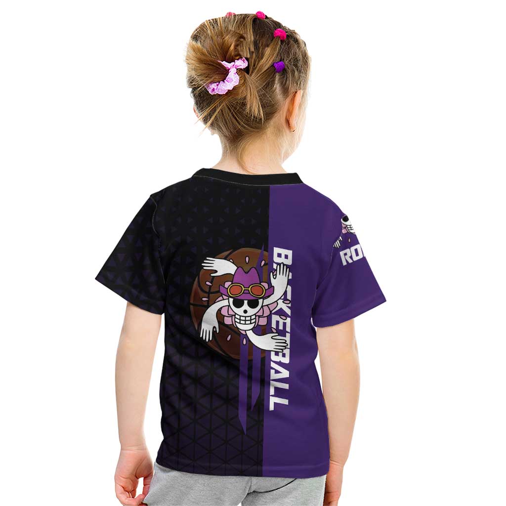 Nico Robin One Piece Basketball Theme Purple and Black Design Kid T Shirt with Action Pose and Crew Emblem - The Mazicc