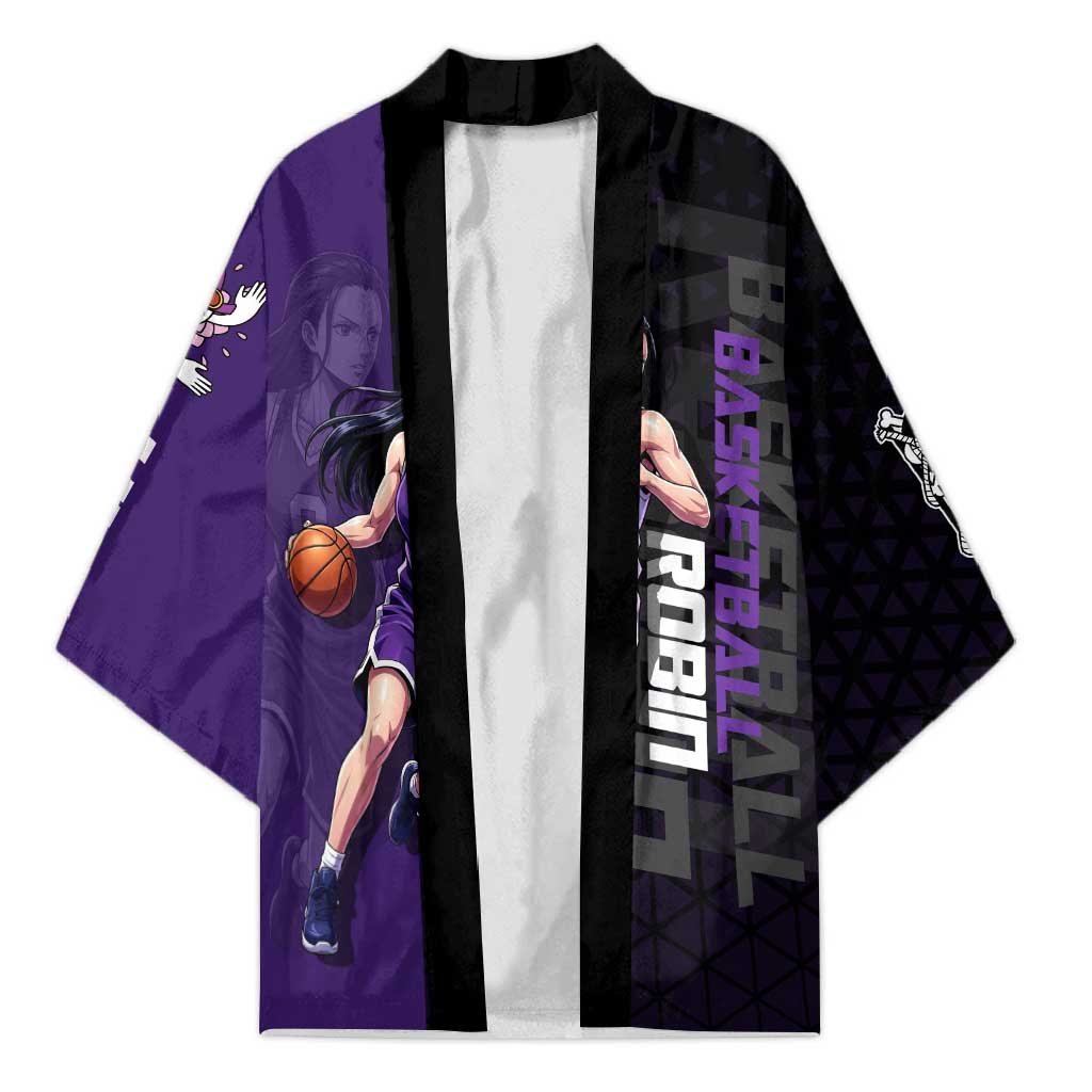 Nico Robin One Piece Basketball Theme Purple and Black Design Kimono with Action Pose and Crew Emblem - The Mazicc