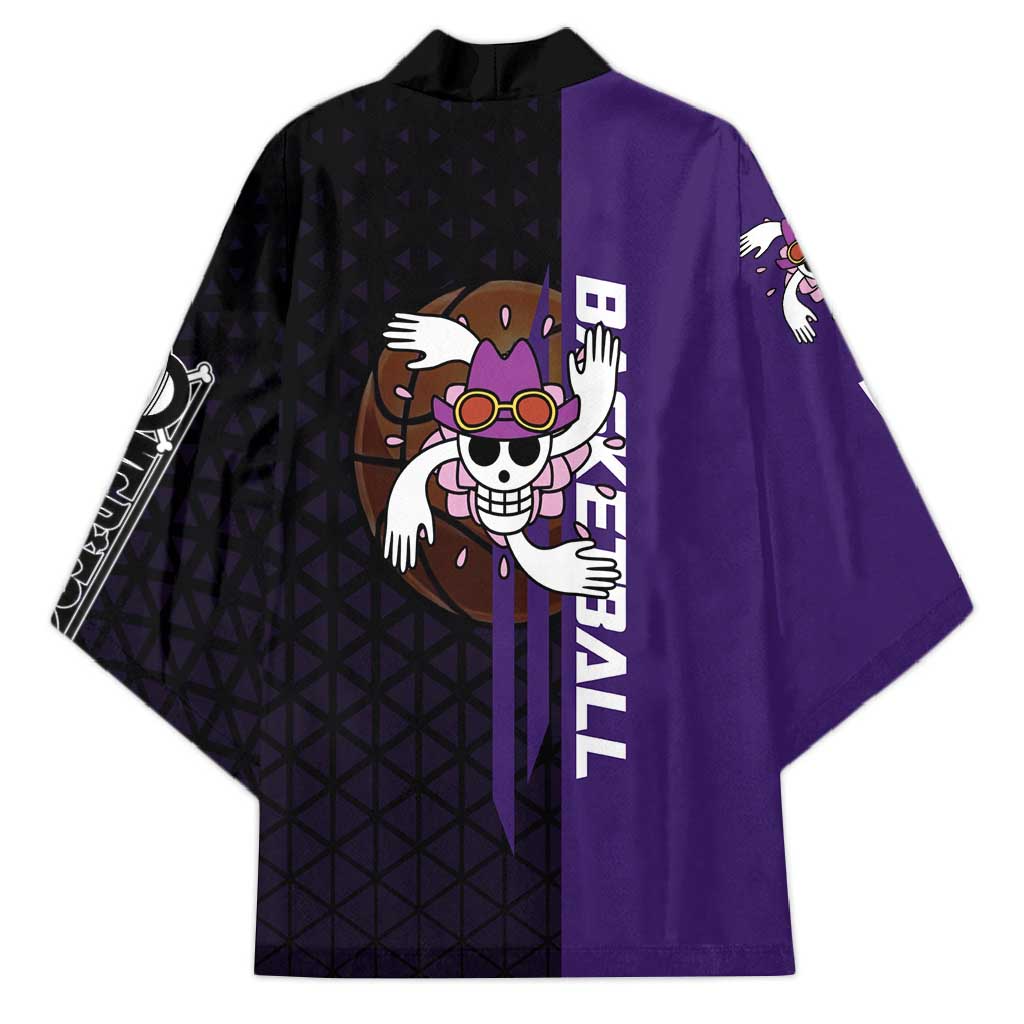 Nico Robin One Piece Basketball Theme Purple and Black Design Kimono with Action Pose and Crew Emblem - The Mazicc