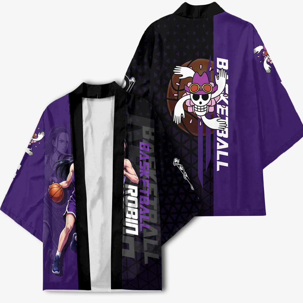 Nico Robin One Piece Basketball Theme Purple and Black Design Kimono with Action Pose and Crew Emblem - The Mazicc