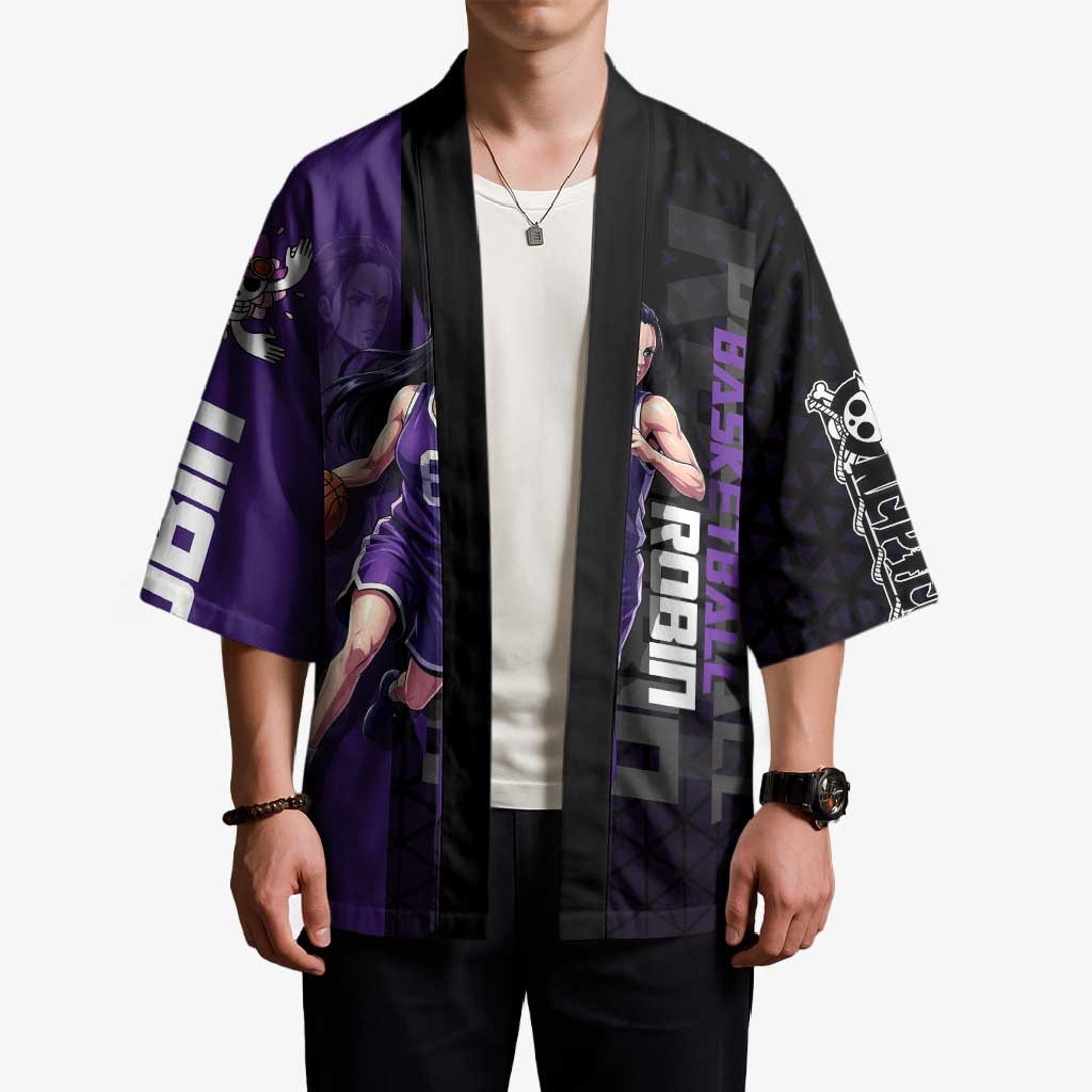 Nico Robin One Piece Basketball Theme Purple and Black Design Kimono with Action Pose and Crew Emblem - The Mazicc