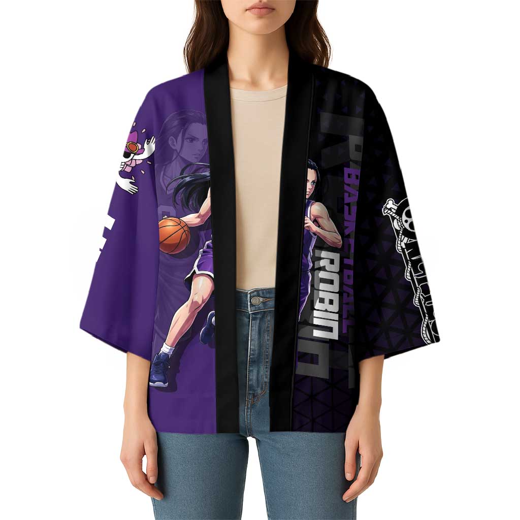 Nico Robin One Piece Basketball Theme Purple and Black Design Kimono with Action Pose and Crew Emblem - The Mazicc