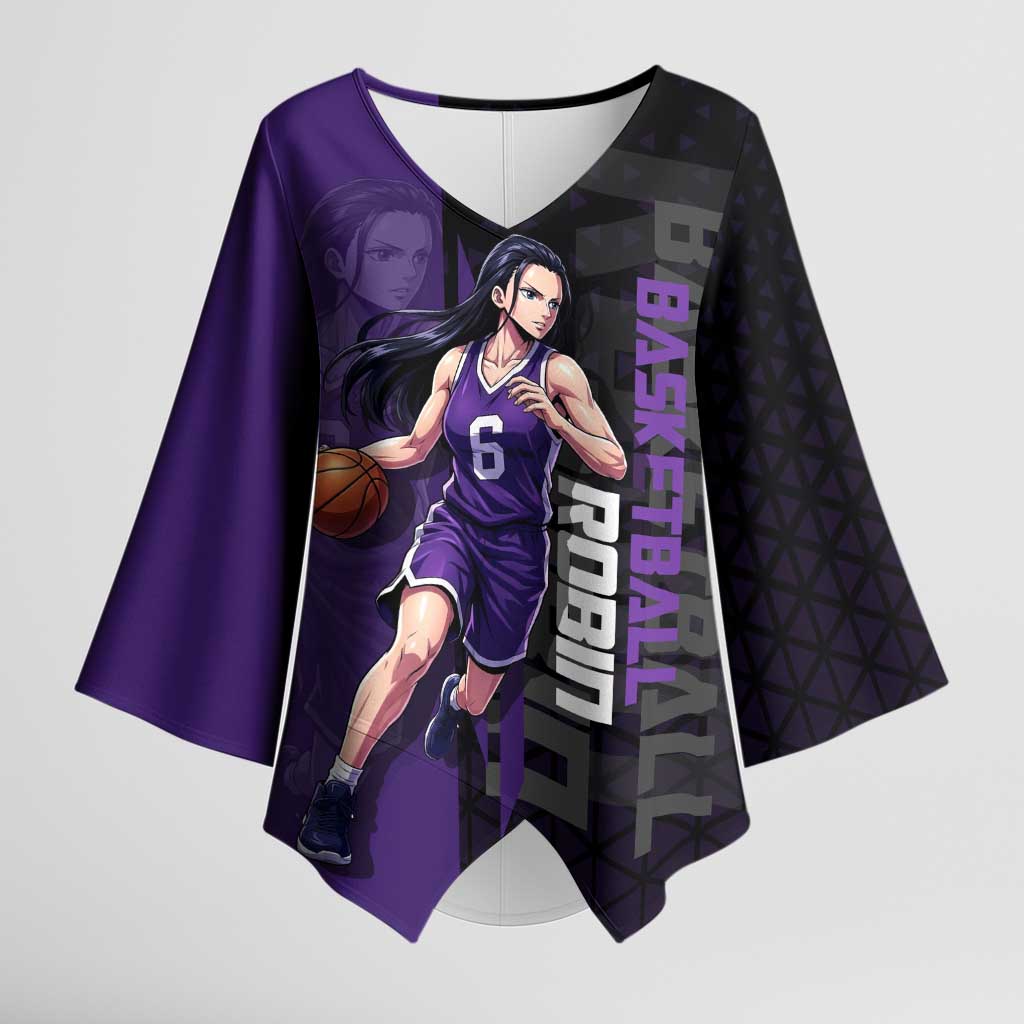 Nico Robin One Piece Basketball Theme Purple and Black Design Kimono Sleeve Blouse with Action Pose and Crew Emblem - The Mazicc