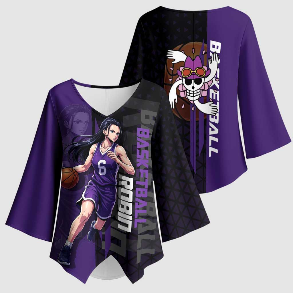 Nico Robin One Piece Basketball Theme Purple and Black Design Kimono Sleeve Blouse with Action Pose and Crew Emblem - The Mazicc