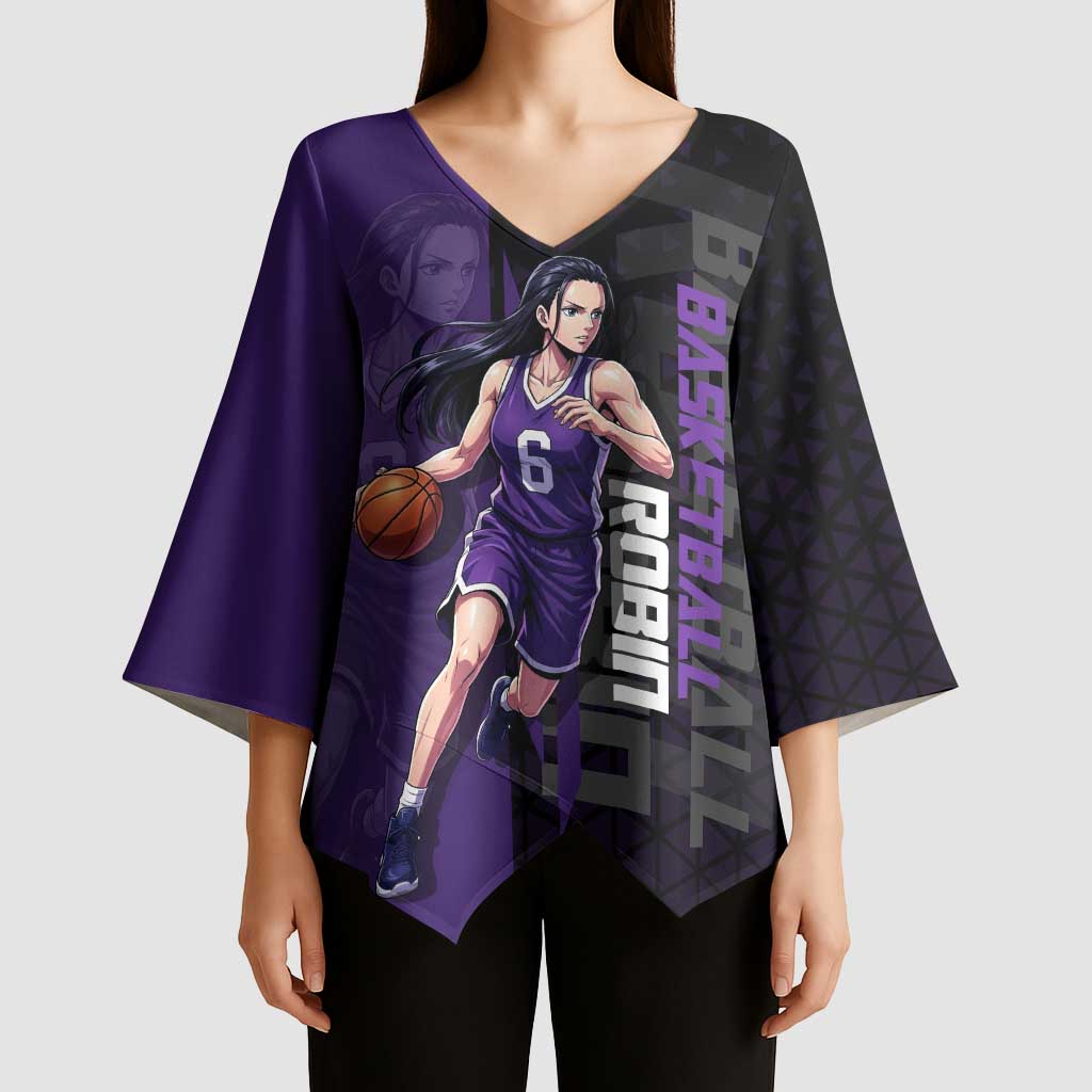 Nico Robin One Piece Basketball Theme Purple and Black Design Kimono Sleeve Blouse with Action Pose and Crew Emblem - The Mazicc
