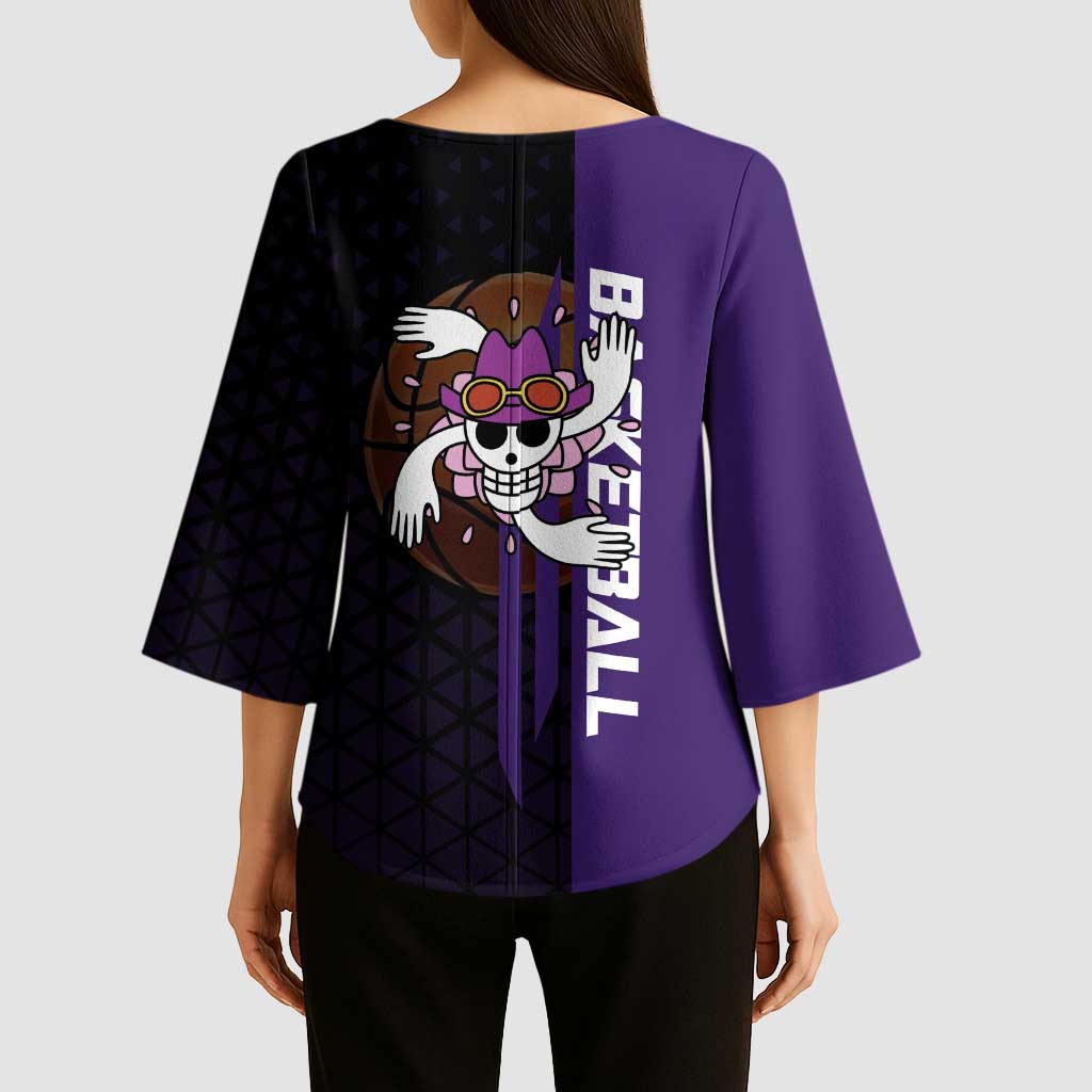 Nico Robin One Piece Basketball Theme Purple and Black Design Kimono Sleeve Blouse with Action Pose and Crew Emblem - The Mazicc